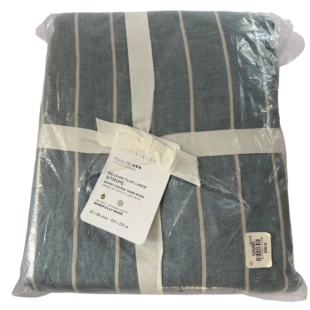 Pottery Barn Belgian Flax Linen Stripe Duvet Cover Full Queen Blue White NEW
